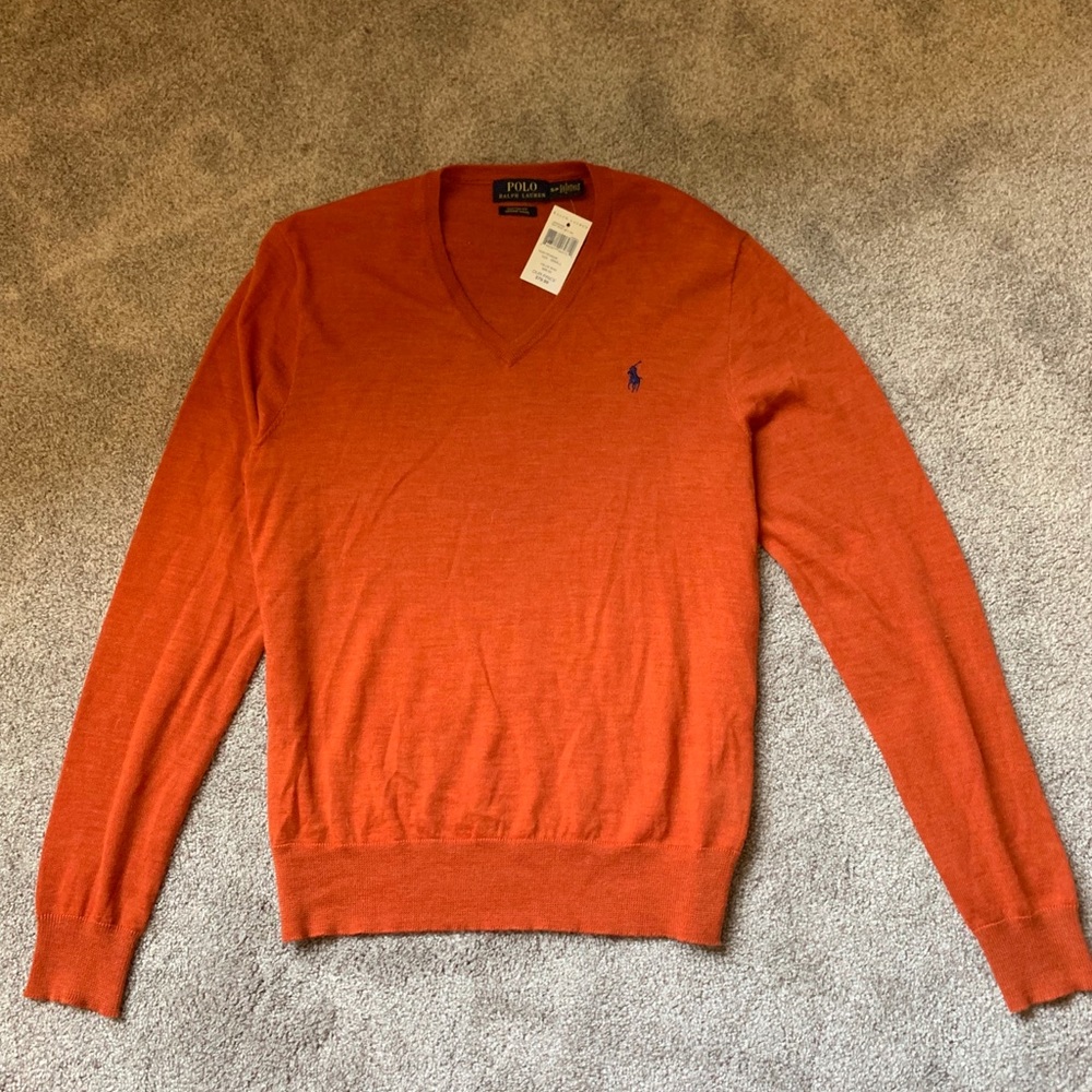 Polo Ralph Lauren V Neck Wool Orange Sweater Small